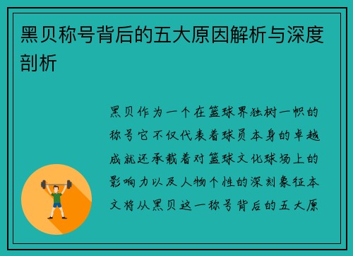 黑贝称号背后的五大原因解析与深度剖析